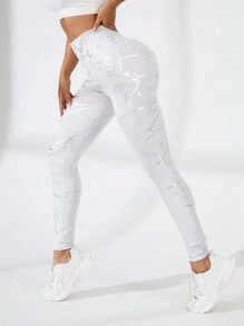 SHEIN Sport Studio High Waist Yoga Pants With Gold Foil Printed, Personalized And Sexy, Sports And Leisure Body Shaping Yoga Leggings