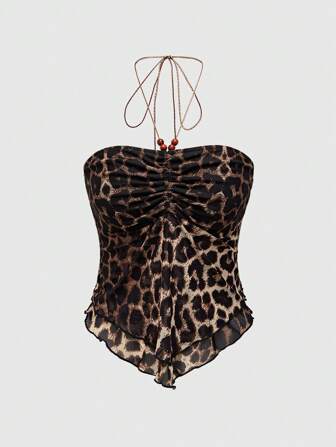 Hippie Camiseta sin espalda con estampado integral, cuello halter, pliegues y bajo asimétrico, de estilo vintage para verano