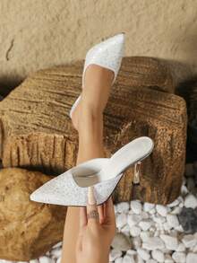 Zapatos de tacón alto de punta abierta y brillantes con talón descubierto, para verano - Blanco - Ver 1