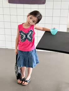 SHEIN 2pcs/Set Cute & Lively Girls Outfit: Fashion Casual Tank Top With Bow Applique + Denim Skirt, Suitable For Summer Commute & Daily Wear - Multicolor - View 3