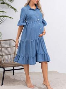 SHEIN Maternity Casual-Fit Denim Dress With Ruffle Hem And Layered Design, Blue - Blue - View 6