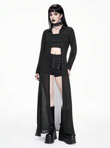 ROMWE Professional Gothic Style Women's See-Through Shirt Dress With Thigh-High Slit - Black - View 3