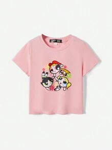THE POWERPUFF GIRLS X SHEIN เสื้อยืดแขนสั้นลายลำลองสำหรับเด็กผู้หญิง เหมาะสำหรับฤดูร้อน - สีชมพูพาสเทล - ดู 7