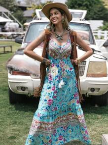Rusttydustty Vestido con volantes de cintura alta con cordón estampado floral morado para mujer, ideal para playa, vacaciones, picnic, San Valentín, boda, temporada, festival de música Coachella