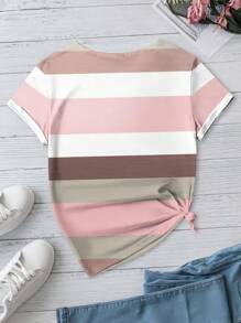 EMERY ROSE Casual Colorful Striped Pattern Printed Loose Plus Size T-Shirt, Summer