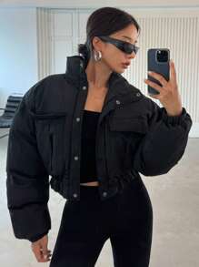 DAZY Women's Stand Collar Short Padded Coat With Pockets, Winter ,Winter Women Clothes,Winter Coat Women Jacket - Black - View 5