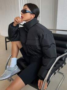 DAZY Women's Stand Collar Short Padded Coat With Pockets, Winter ,Winter Women Clothes,Winter Coat Women Jacket - Black - View 7