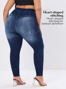 Quần Jeans Slim Fit Nâng Mông Plus Size Có Mối Nối Denim Giặt - Rửa tối - Xem 1