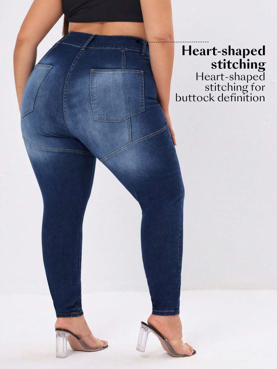 Quần Jeans Slim Fit Nâng Mông Plus Size Có Mối Nối Denim Giặt - Rửa tối - Xem 1