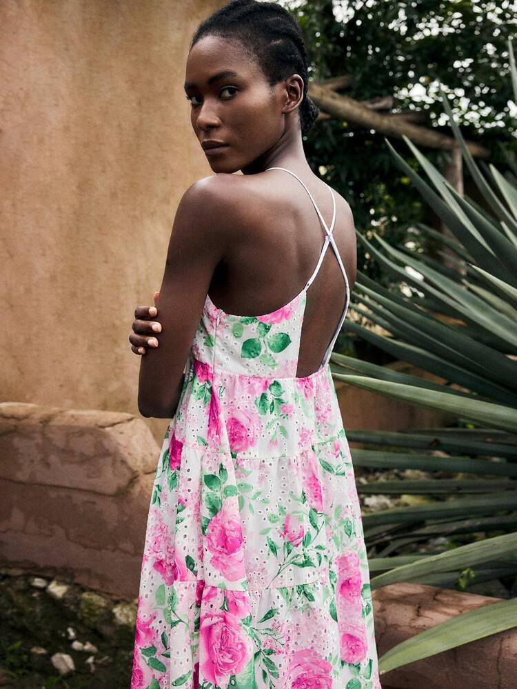 SHEIN Maija 여성용 교사 유니폼 플로럴 자수 할터 루즈핏 휴가용 드레스