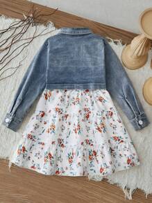 SHEIN Young Girl Denim Jacket & White Dress With Cute Floral Patchwork Design - White - View 10