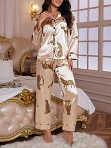 Leopard Print Contrast Piping Satin PJ Set / Pajama Set - Champagne - View 4