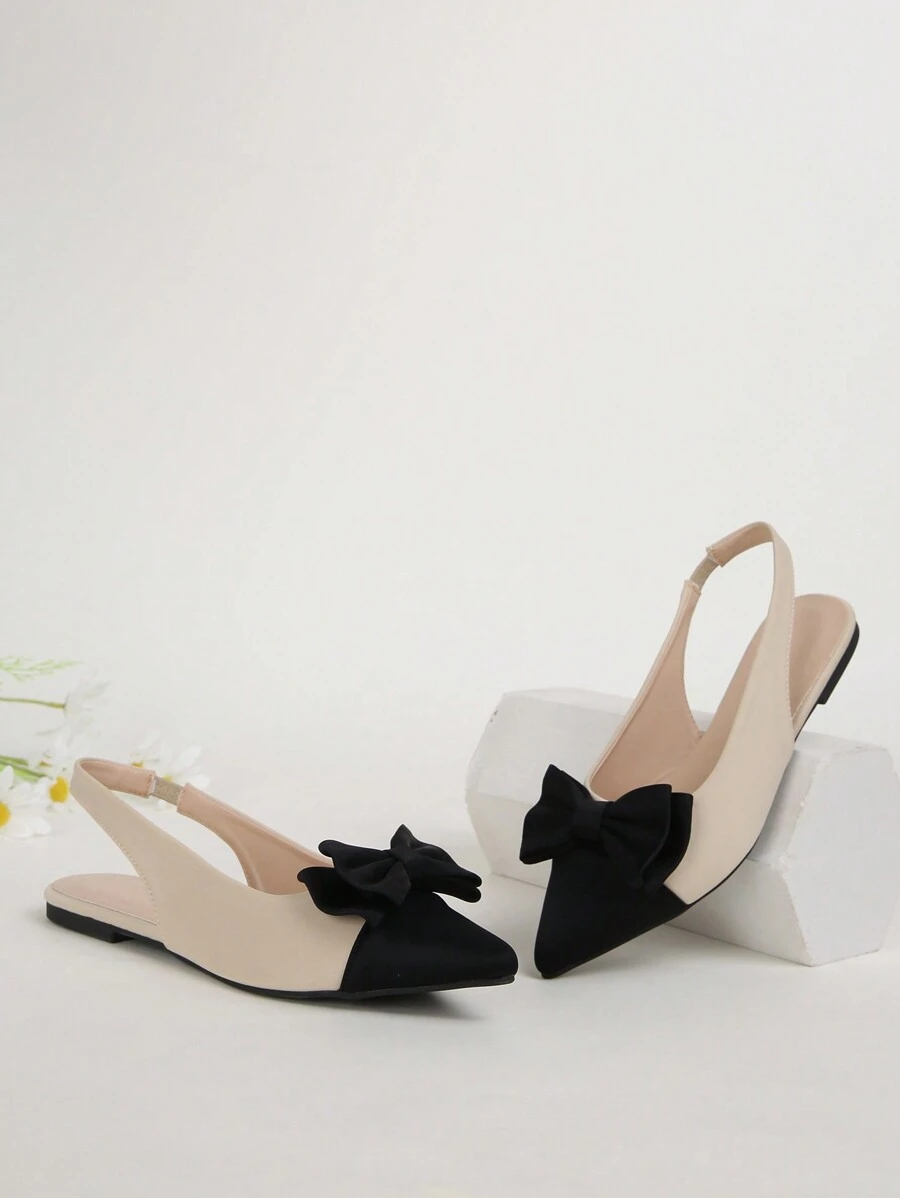 撞色蝴蝶结露跟尖头平底鞋，适合日常和外出场合，春夏穿搭