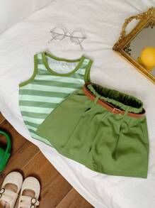 Baby Girl' Cute Retro Stripe Top With Wide-Leg Shorts And Belt, Spring/Summer - Multicolor - View 3