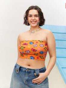 Mr Men Little Miss X SHEIN Plus Size Summer Fashion Casual Cartoon Star Print Orange Knit Slim Fit Bandeau Top