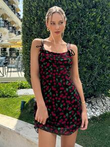 SHEIN EZwear Vestido casual de tirantes con estampado de cerezas para mujer en verano - Negro - Ver 5