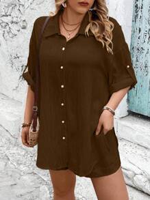 SHEIN Clasi Bộ áo sơ mi và quần short tay cuộn màu trơn thường ngày trong kỳ nghỉ Plus Size - màu nâu - Xem 6