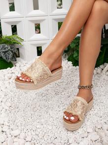 Sandálias de Cunha Trançadas de Corda para Mulheres, Estilo de Férias Sandálias de Salto Alto com Cunha Calcanhar Grosso e Fina na Parte Inferior - Damasco - Ver 2