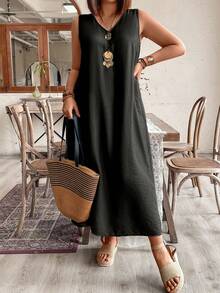 EMERY ROSE Plus Solid Sleeveless   Dress For Summer - Black - View 3