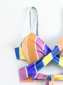 SHEIN Swim 女性條紋十字交叉綁帶性感比基尼套裝，夏季海灘必備，印花隨機 - 彩色 - 查看 3