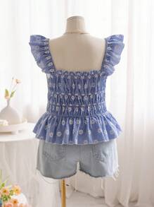 Soleia Vacation/Leisure Wear Plus Size Shirt With Gathered Waist And Flutter Sleeve - Blue - View 2