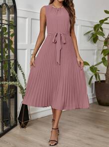 Ellevyn Women'S Solid Color Sleeveless Green Dress With Pleated Hem,Pastel Dresses For Women - Dusty Pink - View 5