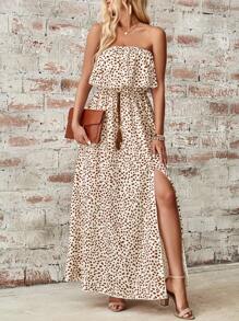 SHEIN LUNE 女士度假风格全印花连衣裙，配有开衩长裙，露肩超长女士服装 - 棕色 - 查看 3