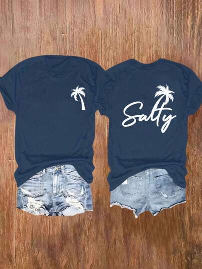 INAWLY 1件字母和棕榈树印花T恤 女式上衣