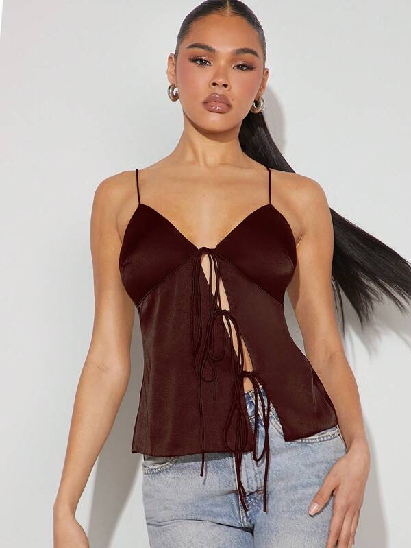 Denimoi Fall Women Clothes, Ladies' Brown Top Summer Solid Color Front Tie Casual Cami Top, Going Out Tops, Fall Outfits, Sexy Tops, Fall Tops. For Date Night, Concerts, Performances, Music Festivals, Parties, Clubs, Holidays