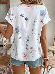 Breezaya Camisa simple y diaria para mujer con cuello impreso aleatorio y decoración bordada