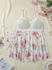 大尺碼蕾絲拼接花朵印花鏤空性感內衣 - 彩色 - 查看 5