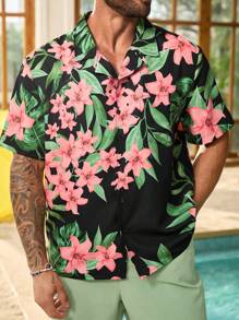 ResortEase Camisa de manga corta con estampado aleatorio para hombre de talla grande