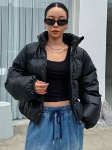 DAZY 女士冬季休闲纯色立领棉衣，冬季女装，冬季外套女士夹克 - 黑色 - 查看 8