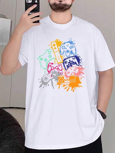 بلوزة تي قصيرة الأكمام بطباعة ألعاب فيديو للرجال كبيرة الحجم ذات رقبة مستديرة، للصيف