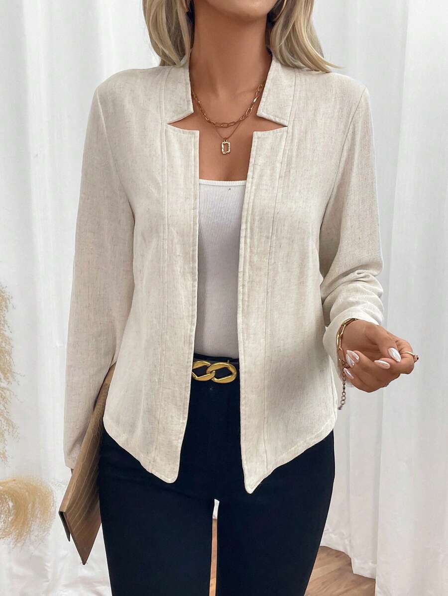 SHEIN Frenchy 女士朴素简约亚麻长袖日常夹克、教师服装、返校服装、秋季女装、老款风格、商务女装、休闲女装、教师衬衫、办公室服装、长袖衬衫、秋季服装、通勤、极简主义、办公室服装、老款、简约、秋季女装 - 杏色 - 查看 1