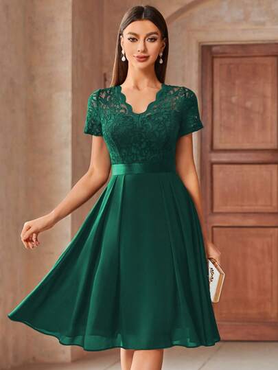 MIUSOL Elegant V-Neck Floral Lace Pleated Hem Chiffon Cocktail Party Swing Dress Prom Semi Formal Wedding Guest Dress, For Birthday, Graduation, Homecoming