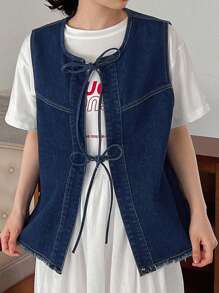 FRIFUL Women's Denim Vest Jacket With Frayed Hem And Drawstring - Blue - View 6