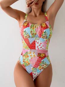 SHEIN Women's Random Printed Casual One-Piece Swimsuit One Piece Bathing Suit Summer - Multicolor - View 4