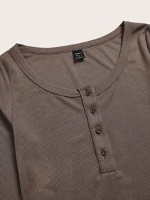 Slaydiva Basic Minimalist Women's T-Shirt For Fall/Winter, Tight-Fit Knitted Ribbed Top With Buttoned Large Round Neckline And Long Sleeves - E - Brown - View 5