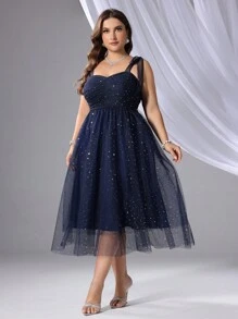 SHEIN Belle 加大码优雅无袖网眼连衣裙，配有厚肩带，适合女士晚会（重型）、婚礼嘉宾/场合/仪式/晚会舞会半正式礼服、生日、毕业典礼、返校节 - 藏蓝色 - 查看 5