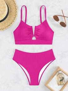 Damen Zwei-Teiler Bikini Set, Urlaubskollektion, Spezialstoff Badeanzug für Sommer Strand - Heißes Pink - Übersicht 3