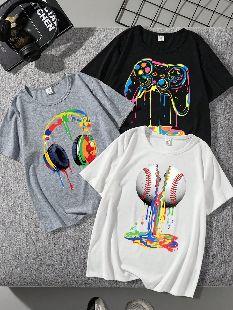 SHEIN Ensemble de trois pièces de casque audio, de baseball et de consoles de jeu, T-shirt décontracté et simple à col rond imprimé de dessins animés adapté aux garçons préadolescents en été - Multicolore - Voir 1