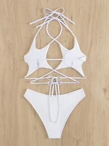 SHEIN Swim Women's Summer Beach Solid Color Cross Halter Strap Sexy Bikini Set - White - View 2