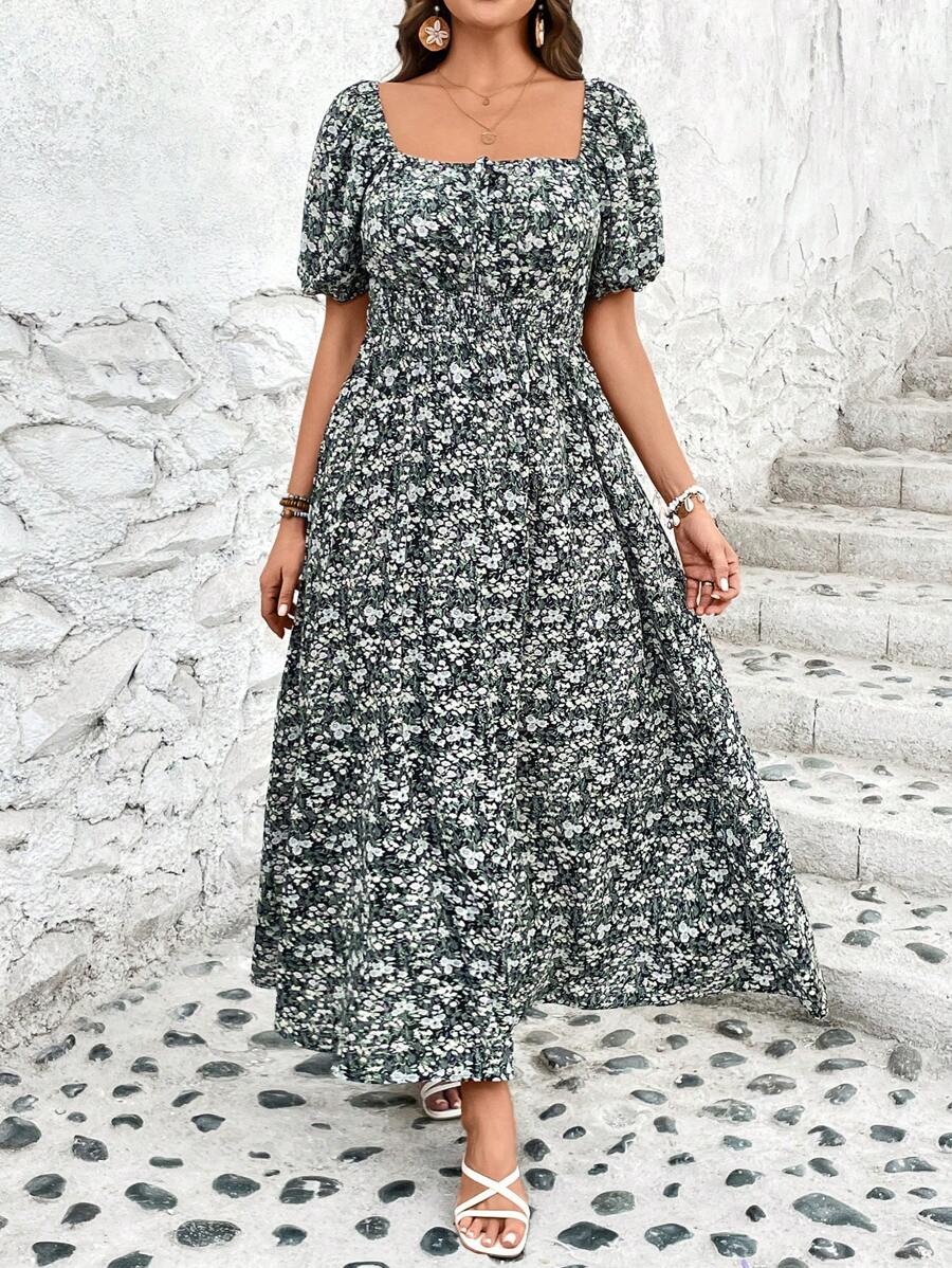 SHEIN VCAY Plus Size Vacation Style Long Floral Dress With Bubble Sleeves And Cinched Waist - Black - View 1
