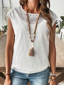 SHEIN Frenchy Nữ Kỳ Nghỉ Hè Màu Trơn Khoét Hở Cổ Tròn Cánh Dơi Áo Thun Nữ Tay Ngắn - Màu be - Xem 4