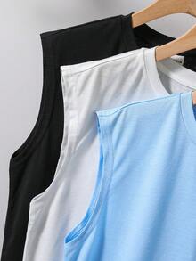 SHEIN 3pcs/Set Tween Boy Casual Street Style Solid Color Letter Graphic Crew Neck Loose Fit Sleeveless Knit Tank Top, 3 Colors,Kids - Baby Blue - View 5