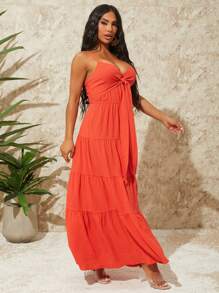 SHEIN SXY 背心式細肩帶女裝連衣裙，搭配大尺寸設計 - 橘色 - 查看 4