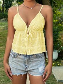 SHEIN Unity Ladies' Solid Color Front Tie Side Slit Casual Camisole Top For Vacation - Lime Green - View 5