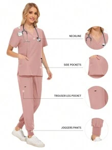 Bộ đồng phục y tá dược sĩ tay ngắn nhiều màu, đồng phục bác sĩ bệnh viện, đồng phục phẫu thuật răng miệng, bộ đồ phẫu thuật cho nữ - Hồng - Xem 1