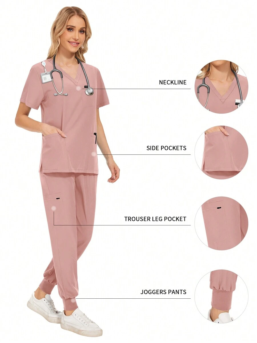 Bộ đồng phục y tá dược sĩ tay ngắn nhiều màu, đồng phục bác sĩ bệnh viện, đồng phục phẫu thuật răng miệng, bộ đồ phẫu thuật cho nữ - Hồng - Xem 1